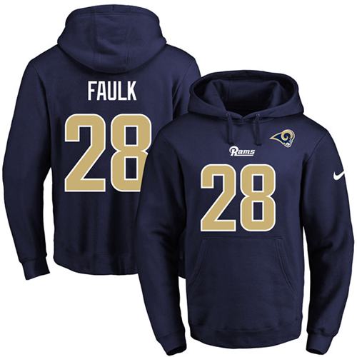 Nike Rams #28 Marshall Faulk Navy Blue Name & Number Pullover NFL Hoodie - Click Image to Close